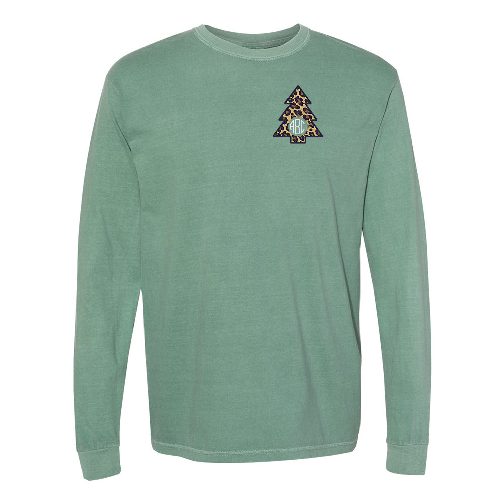 Monogrammed Leopard Christmas Tree Comfort Colors Long Sleeve T-Shirt