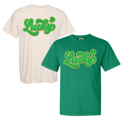 Script Bright Green Lucky Letter Patch Comfort Colors T-Shirt