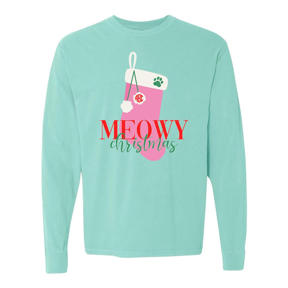 Monogrammed 'Meowy Christmas' Long Sleeve T-Shirt