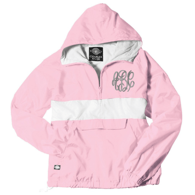 Monogrammed Striped Pullover Rain Jacket Pink and White