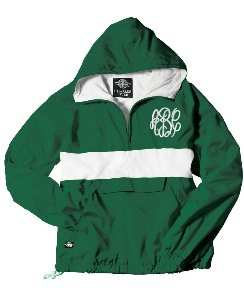 Monogrammed Striped Pullover Rain Jacket Forest and White