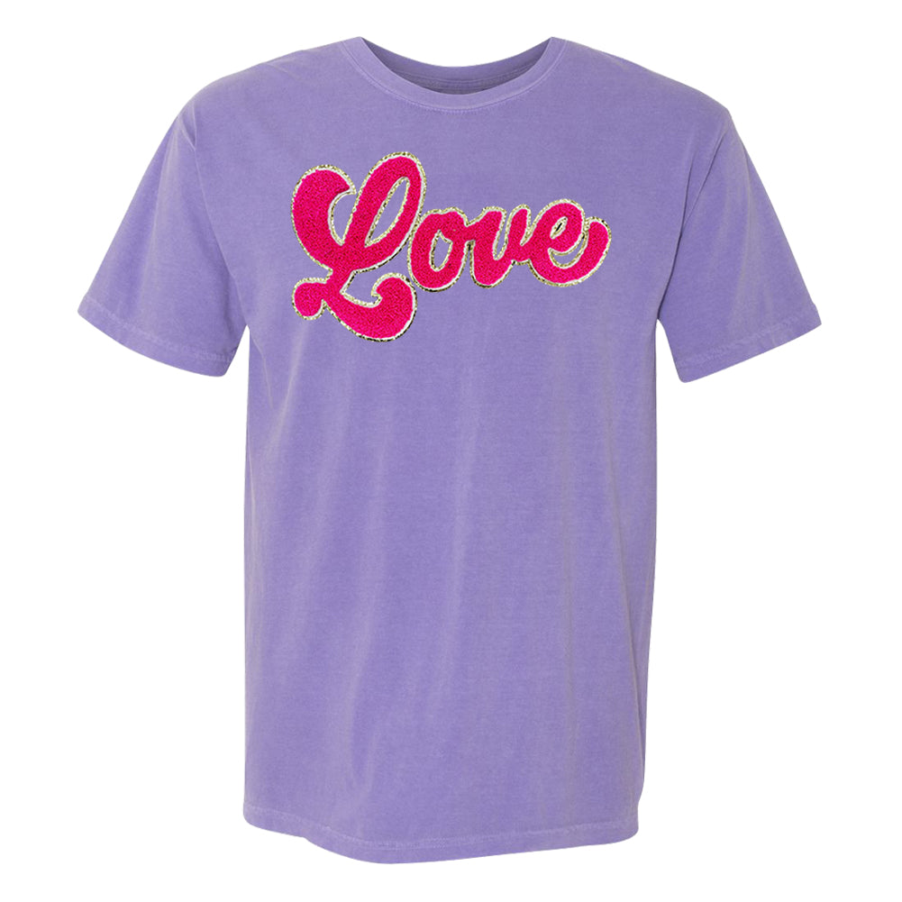 Script Hot Pink Love Letter Patch Comfort Colors T-Shirt