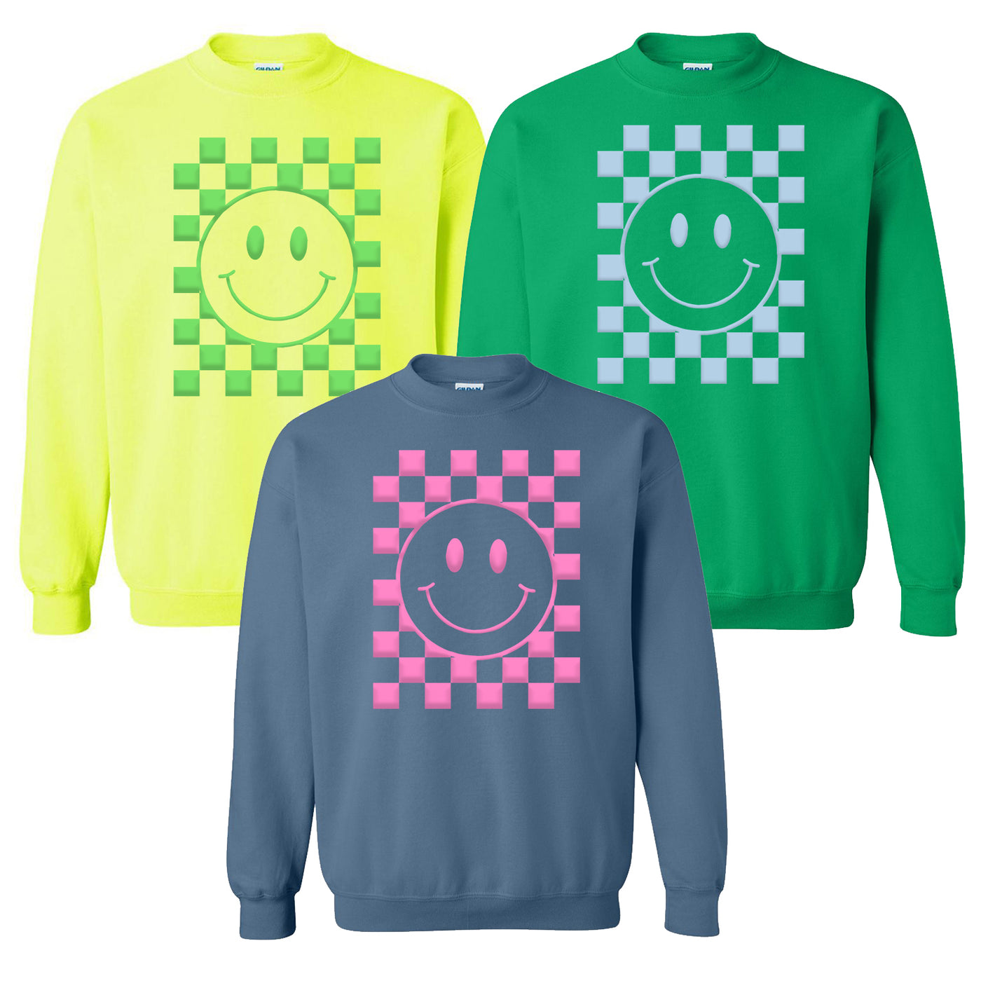 'Smiley Check' Puff Design Crewneck Sweatshirt