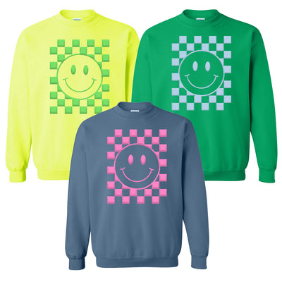 'Smiley Check' Puff Design Crewneck Sweatshirt