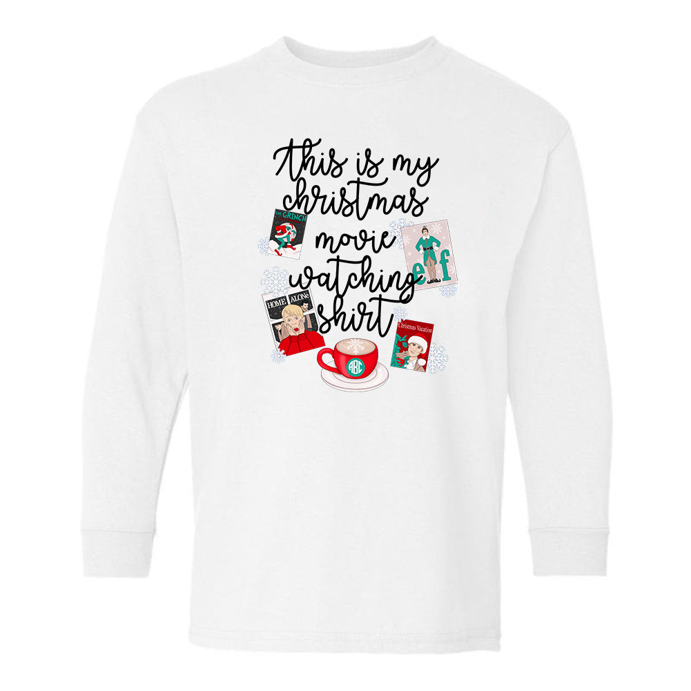 Kids Monogrammed 'This Is My Christmas Movie Watching Shirt' Long Sleeve T-Shirt